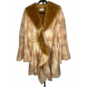 Newport News Penny Lane Jacket Fur Suede Tan Brown Flare Drape Mob‎ Wife size 12